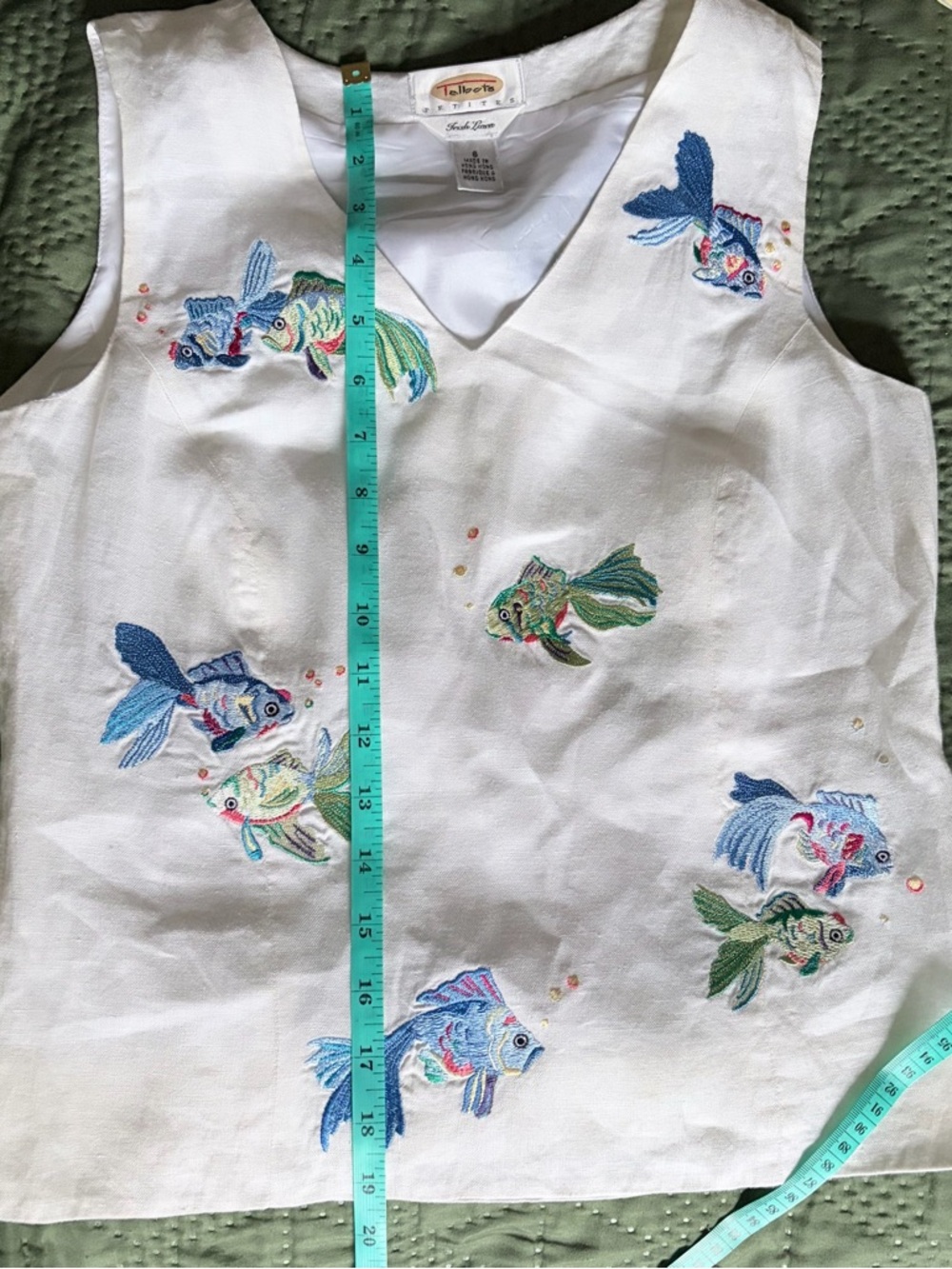 VTG Talbots 100% Irish Linen Nautical Fish Embroidery Tank Top White Petite 6 - Picture 6 of 6